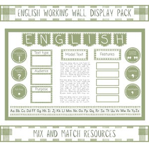 Op de afbeelding: Een Engels wanddisplay-pakket met saliegroene en witte ruitpatronen. De set bevat banners, cirkels met leestekens, vakken voor teksttype, doelgroep, doel en kenmerken, een modeltekstsectie en een strook met het alfabet.