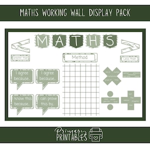 May include: A green and white Maths Working Wall Display Pack. The pack includes the word "MATHS" in individual hexagon-shaped letters, along with math symbols, and phrases like "Greater than" and "Less than". The "Primary Printables" logo is at the bottom.
