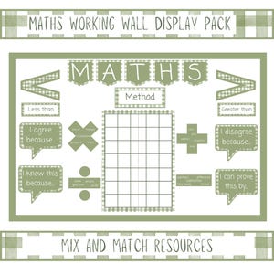 May include: A sage green and white gingham themed maths working wall display pack featuring a banner with the word MATHS, a central grid, mathematical symbols, and speech bubbles with phrases like I agree because and I can prove this by.