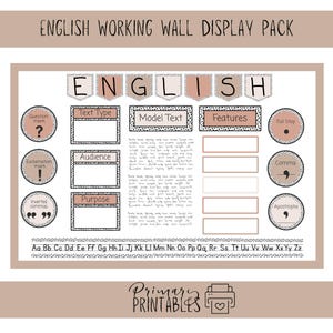May include: An English working wall display pack featuring a banner with the word ENGLISH, sections for Text Type, Model Text, Audience, Purpose, and Features, plus circular icons for punctuation marks and an alphabet strip at the bottom.