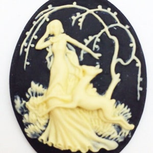 Victorian Faux Cameo Cabochon Girl in Forest with Deer for Jewelry Making Set of 4