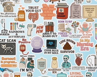 Funny Healthcare Sticker Pack | Nurse Medical Humor Waterproof Stickers for Laptop, Bottle, Scrubs