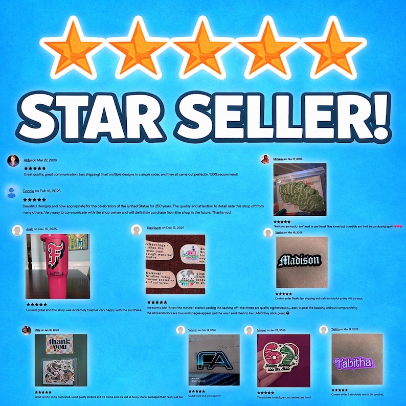 K&ouml;nnte beinhalten: Eine digitale Grafik mit f&uuml;nf orangefarbenen Sternen &uuml;ber dem Text STAR SELLER! in fetten blauen Buchstaben. Darunter befindet sich eine Collage aus Kundenbewertungen, einschlie&szlig;lich Textausschnitten, F&uuml;nf-Sterne-Bewertungen und Fotos.
