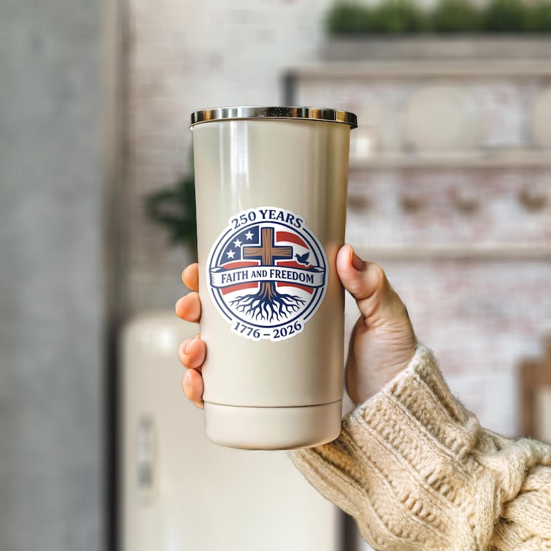 K&ouml;nnte beinhalten: Ein beigefarbener Edelstahlbecher mit silbernem Rand. Der Becher hat ein rundes Emblem mit dem Text "250 YEARS FAITH AND FREEDOM 1776-2026" sowie ein Kreuz, Sterne und eine Taube. Der Becher wird von einer Person gehalten.