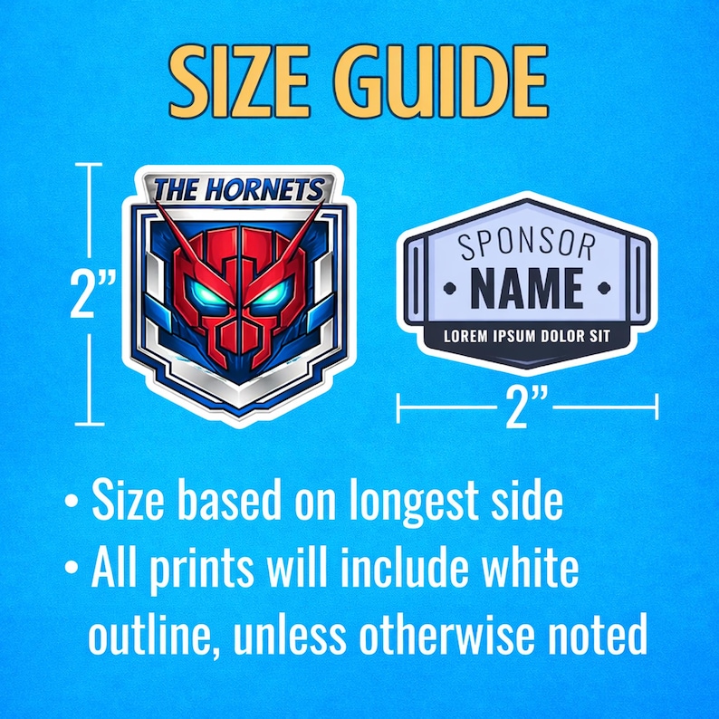 K&ouml;nnte beinhalten: Eine Gr&ouml;&szlig;entabelle mit zwei Aufkleberdesigns: ein schildf&ouml;rmiges Emblem mit einem roten Hornissenkopf und dem Text THE HORNETS sowie ein rechteckiges Abzeichen mit dem Text SPONSOR NAME LOREM IPSUM DOLOR SIT. Beide messen 5,08 cm.
