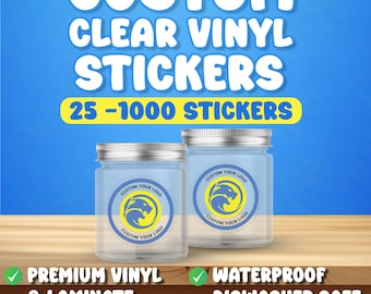May include: Two clear glass jars with silver lids, each featuring a circular sticker with a yellow panther logo and the text CUSTOM YOUR LOGO. The background displays the text CUSTOM CLEAR VINYL STICKERS 25-1000 STICKERS, PREMIUM VINYL & LAMINATE, WATERPROOF DISWASHER SAFE, and FREE PROOF.