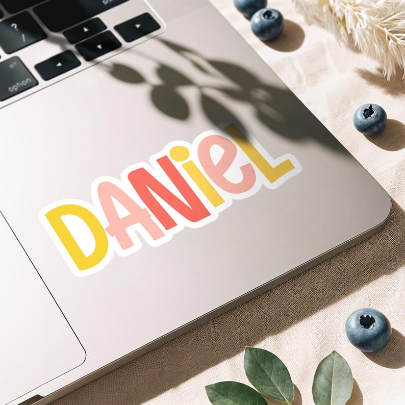 K&ouml;nnte beinhalten: Ein Vinyl-Aufkleber mit dem Namen DANIEL in einer verspielten, abgerundeten Schriftart. Die Buchstaben wechseln zwischen den Farben Gelb, Hellrosa und Koralle, sind jeweils mit einem dicken wei&szlig;en Rand versehen und auf einem silbernen Laptop.