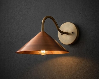 Handmade Copper Wall Sconce Lamp, Vintage Industrial Lighting Fixture, Brass Finish Cone Shade Sconce, Rustic Moroccan Style Wall Light