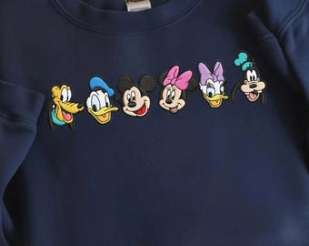 Embroidered Cartoon Friends Sweatshirt, Minimal Character Line Crewneck, Cute Embroidery Pullover, Cozy Casual Gift for Her Top