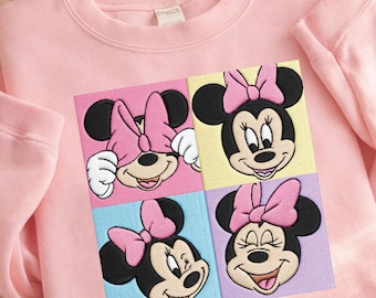 Embroidered Mouse Girl Inspired Sweatshirt, Cute Cartoon Crewneck, Color Block Character Embroidery Pullover, Cozy Gift for Her Top