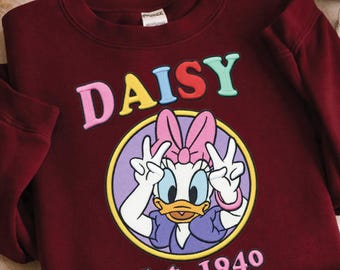 Embroidered Daisy Inspired Sweatshirt, Cute Duck Character Crewneck, Vintage Style Embroidery Pullover, Cozy Gift for Her Casual Top