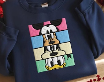 Embroidered Disney Sweatshirt Mickey Goofy Donald Duck Retro Color Block Unisex Crewneck Cute Cartoon Cozy Gift Pullover