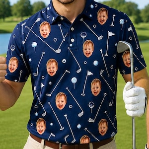 Custom Golf Polo Shirt with Kid Face Photo, Funny Father’s Day Polo, Personalized Dad Golf Shirt, Custom Face Shirt for Dad Gift