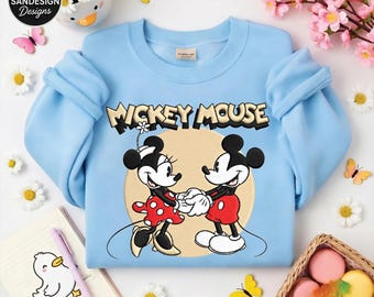 Mickey Minnie Embroidered Sweatshirt Cute Cartoon Couple Crewneck Romantic Gift Mouse Inspired Cozy Unisex Pullover Shirt