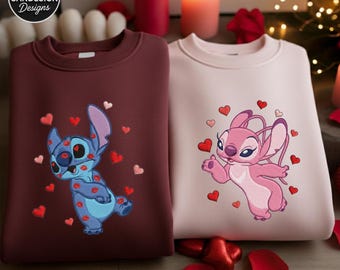 Stitch and Angel Valentine Sweatshirt, Embroidered Love Crewneck, Disney Couple Matching Shirt, Cute Stitch Kisses Tee, Valentine Gift