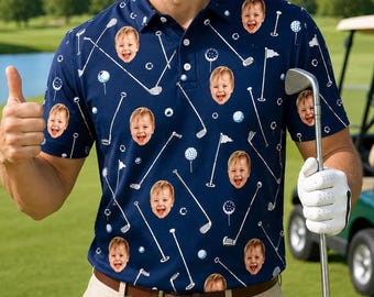 Custom Golf Polo Shirt with Kid Face Photo, Funny Father’s Day Polo, Personalized Dad Golf Shirt, Custom Face Shirt for Dad Gift