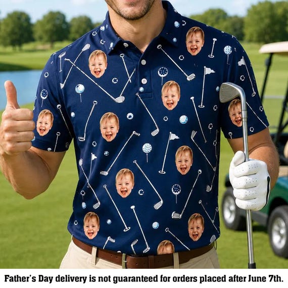 Custom Golf Polo Shirt with Kid Face Photo, Funny Father’s Day Polo, Personalized Dad Golf Shirt, Custom Face Shirt for Dad Gift