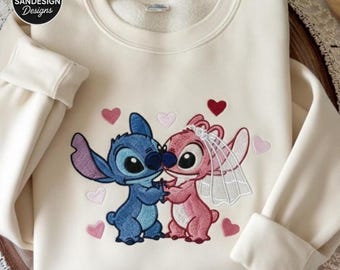 Embroidered Stitch & Angel Couple Sweatshirt, Disney Valentine Sweater, Cute Matching Disney Shirt for Couples, Lilo and Stitch Gift