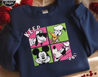 Embroidered Disney Sweatshirt Goofy Donald Duck Mickey Keep Cool Retro Unisex Crewneck Cute Cartoon Gift Cozy Pullover