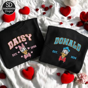 Donald & Daisy Duck Embroidered Sweatshirt, Disney Couple Valentine Shirt, Retro Duck Jumper Tee, Cute Gift for Him Her ESH7236-7237