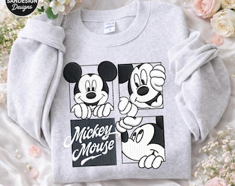 Sand Color Embroidered Cartoon Mouse Sweatshirt, Minimalist Vintage Crewneck, Cute Character Embroidery Pullover Gift for Women Men