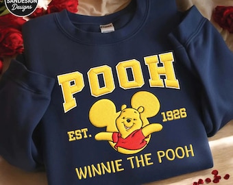 Embroidered Pooh Bear Sweatshirt Navy, Cute Bear Cartoon Crewneck, Vintage Style Pullover, Cozy Gift for Women Men, Inspired Character Shirt