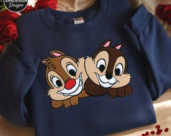 Chip and Dale Embroidered Sweatshirt, Cute Cartoon Chipmunk Shirt, Funny Best Friends Embroidery Pullover, Gift for Disney Lovers