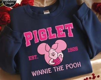 Piglet Embroidered Sweatshirt Cute Winnie Inspired Cartoon Pig Crewneck Cozy Pink Embroidery Pullover Gift for Her Unisex