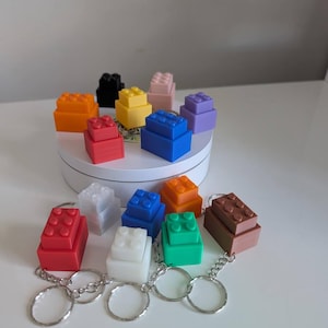 Può includere: Una collezione di portachiavi colorati a forma di mattoncino in vari colori, tra cui rosso, blu, verde e marrone. I portachiavi sono disposti su una superficie bianca, alcuni su una piattaforma bianca. Ogni portachiavi ha un portachiavi argentato.