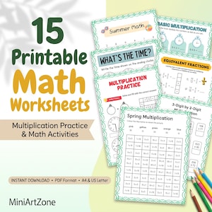 Puede incluir: Una colección de 15 hojas de trabajo de matemáticas imprimibles que incluyen práctica de multiplicación, ejercicios de hora y fracciones equivalentes. Las páginas incluyen encabezados coloridos y cuadrículas con texto como Summer Math.