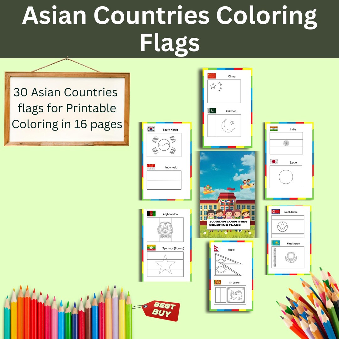 Asia Flags Coloring Pages | Kids Geography Learning (PDF Pattern) - Etsy