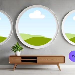 Puede incluir: Una escena de salón moderno con tres obras de arte murales redondas que representan paisajes. Una consola de madera con una planta en una maceta blanca se encuentra debajo. El texto "Canva Mockup" se muestra en un óvalo azul y morado.