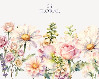 Floral Aquarell Clipart Bundle, 25 PNG Blütenstielen (Digitaler Download)