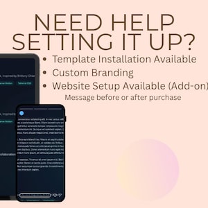 May include: A digital design advertisement with the text "NEED HELP SETTING IT UP?" and a list of services. A tablet and smartphone display website mockups. The background is a light peach color with soft pink and yellow orbs.