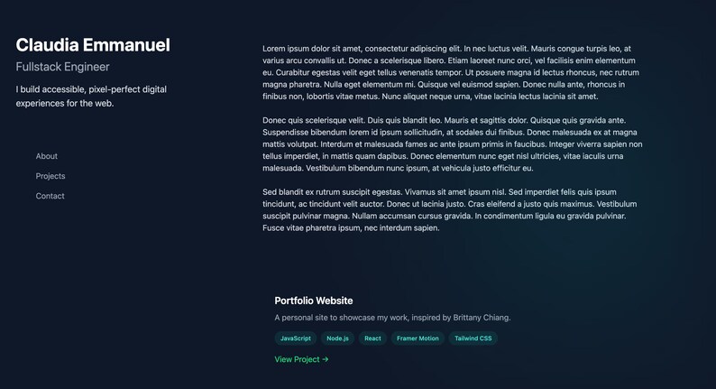 May include: A dark blue website design featuring the name "Claudia Emmanuel" and the title "Fullstack Engineer." The site includes sections for About, Projects, and Contact, along with a portfolio website description and project tags.