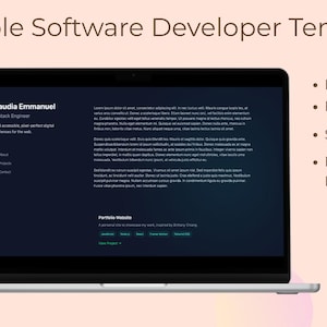 May include: A laptop displays a software developer template with the text "Editable Software Developer Template." The screen shows a resume and portfolio website. Features include "Fully Editable," "Mobile Friendly," and "SEO Optimized." The design is beginner-friendly.