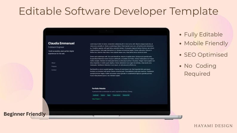 May include: A laptop displays a software developer template with the text "Editable Software Developer Template." The screen shows a resume and portfolio website. Features include "Fully Editable," "Mobile Friendly," and "SEO Optimized." The design is beginner-friendly.