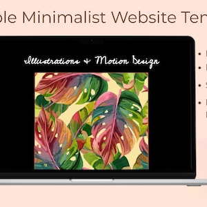 Puede incluir: Una pantalla de portátil muestra un colorido patrón botánico de hojas grandes en tonos verdes, rosas y amarillos. El texto en la pantalla dice "Illustrations & Motion Design". Texto adicional incluye "Totalmente editable", "Compatible con móviles" y "Optimizado para SEO".