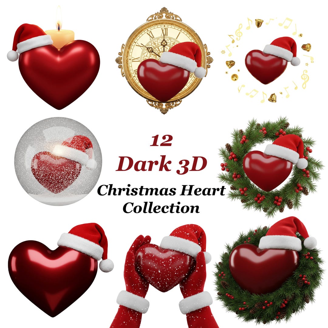 Dark 3D Christmas Heart Clipart Bundle | Santa Hat Heart PNG | Holiday ...