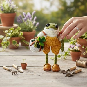 Könnte beinhalten: Gehäkelte Froschfigur mit gelber Latzhose und einem Korb mit einem vierblättrigen Kleeblatt. Der Frosch trägt einen grün-weißen Pullover und braune Schuhe. Gartenwerkzeuge und Topfpflanzen sind im Hintergrund zu sehen.