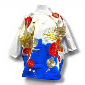 Upcycled Kimono Blouse with Crane Embroidery | authentic Japanese bridal kimono (uchikake)