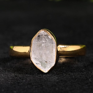 Anillo de oro de 14 k con diamante Herkimer en bruto, anillo de diamante sin tallar, anillo de compromiso con diamantes, anillo de cristal en bruto, anillo de plata hecho a mano, piedra de nacimiento de abril