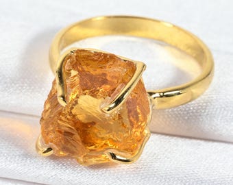 Raw Citrine Gold Ring • Sterling Silver Band, Boho Jewelry