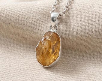 Raw Citrine Silver Pendant Necklace – Natural Yellow Gemstone Jewelry, November Birthstone Gift for Her