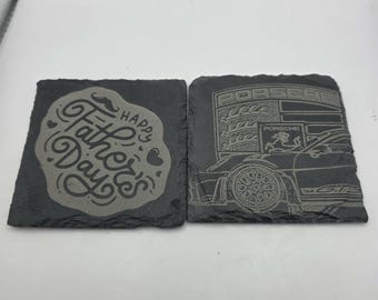 Juego de posavasos de pizarra grabados – Día del Padre + Estilo Porsche 911 GT3 / Turbo