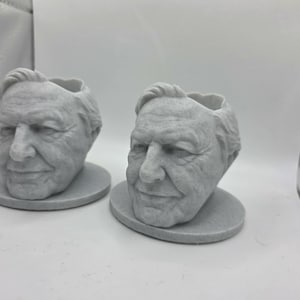 May include: Two light gray planters shaped like the head of an older person with a textured surface. Each planter features a realistic facial sculpt with detailed eyes, nose, and mouth, resting on a circular base with an open top for planting.