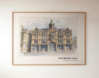Eastbrook Hall Wall Art | Bradford Heritage Architecture Watercolour Print | Digital Download
