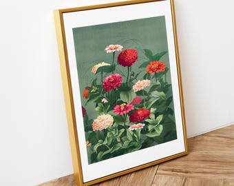 Vintage Zinnias Red, Pink, and Orange Flowers Botanical Print | Home Office Wall Art | Living Room Décor Gift | Digital Download