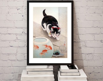Cat and Goldfish Bowl Print | Ohara Koson Japanese Art Poster | Digital Download