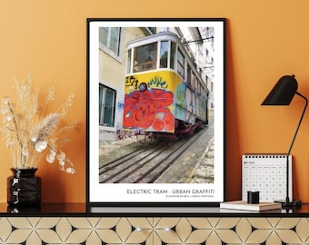 Urban Electric Tram Art Print | Lisbon Graffiti Photography | Portugal Travel Wall Art | Digital Download